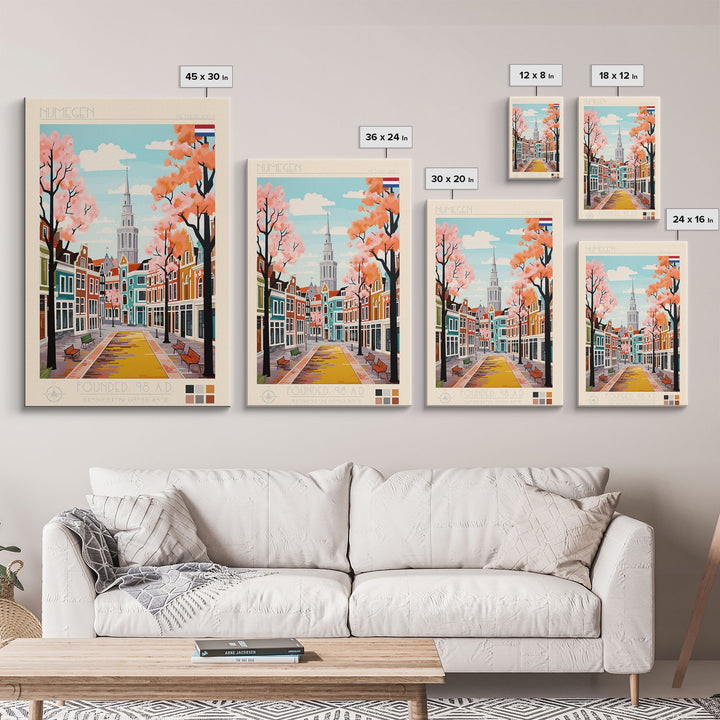 Nijmegen Netherlands Travel Poster Framed Canvas Print, Midcentury Modern Art, Pop Art Wall Decor, Scenic Living Room Art, Bedroom Gift