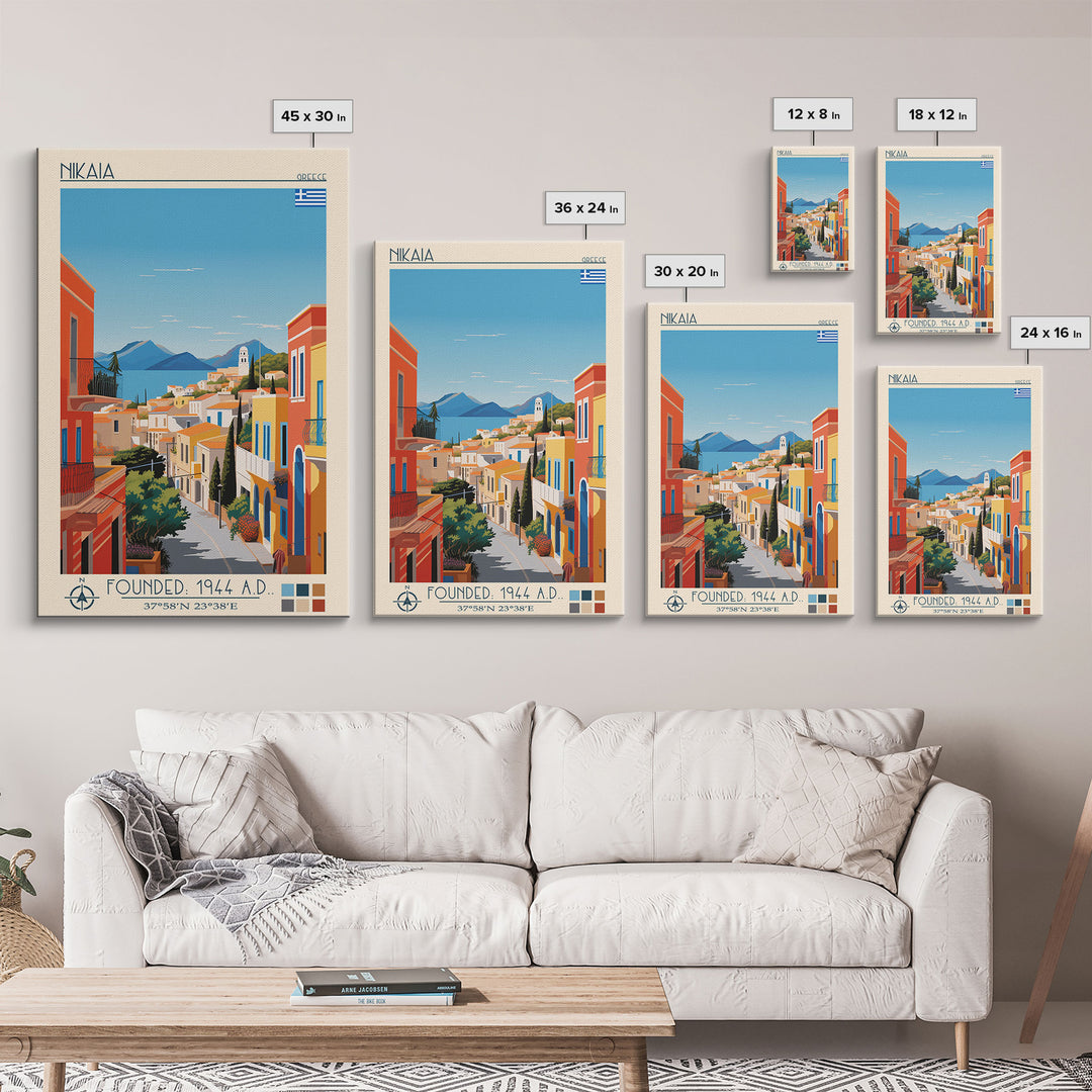 Nikaia Greece Travel Poster Framed Canvas Print, Midcentury Modern Art, Pop Art Wall Decor, Scenic Wall Art, Living Room Decoration, Office Art