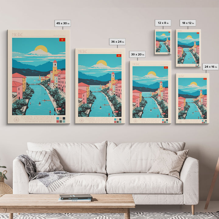Nikšić Montenegro Travel Poster Framed Canvas Print, Midcentury Modern Art, Pop Art Wall Decor, Home Decor, Vacation Gift, Bedroom Art