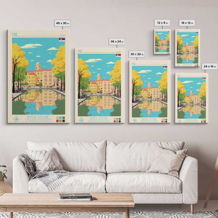 Niš Serbia Travel Poster Framed Canvas Print, Vintage Style, Pop Art Home Decor, Scenic Wall Art, Bedroom Decoration, Office Gift