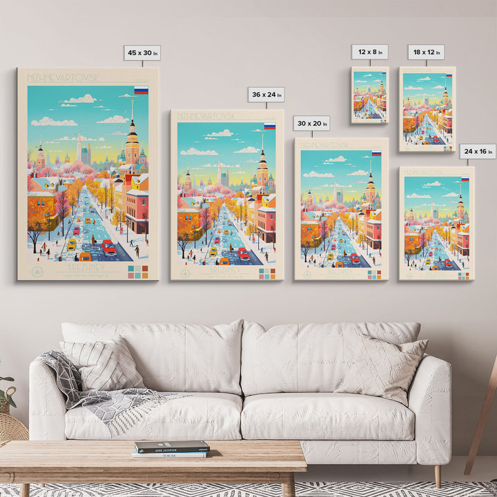 Nizhnevartovsk Russia Travel Poster Framed Canvas Print, Midcentury Modern Art, Pop Art Wall Decor, Scenic Wall Art, Living Room Decoration, Office Art