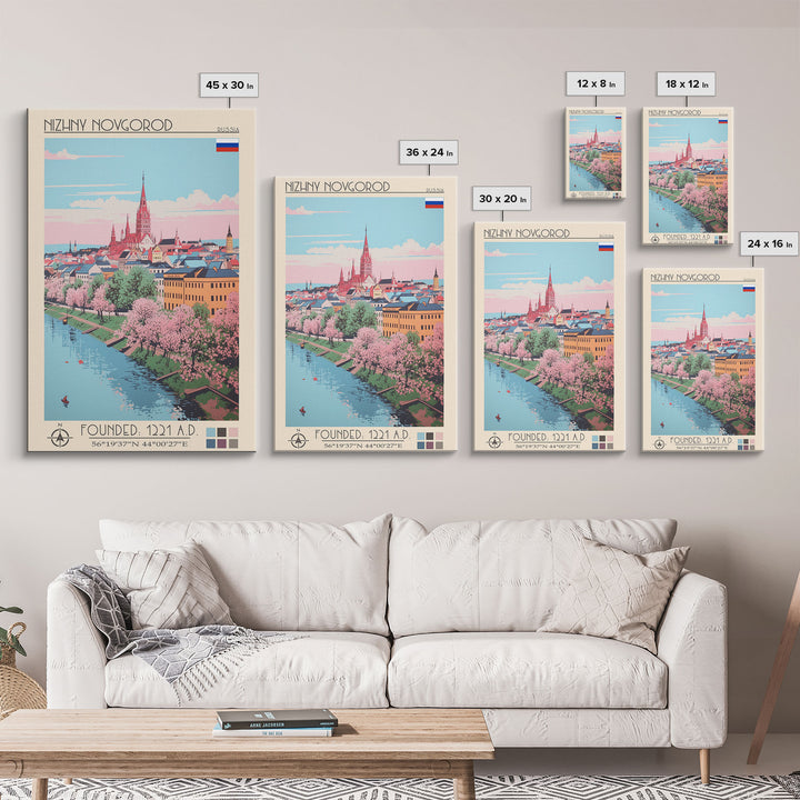 Nizhny Novgorod Russia Travel Poster Framed Canvas Print, Midcentury Modern Art, Pop Art Wall Decor, Scenic Bedroom Art, Office Decoration