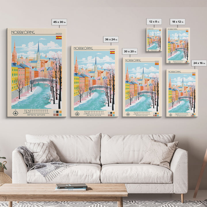Norrköping Sweden Travel Poster Framed Canvas Print, Midcentury Modern Art, Pop Art Wall Decor, Home Decor, Vacation Gift, Office Art