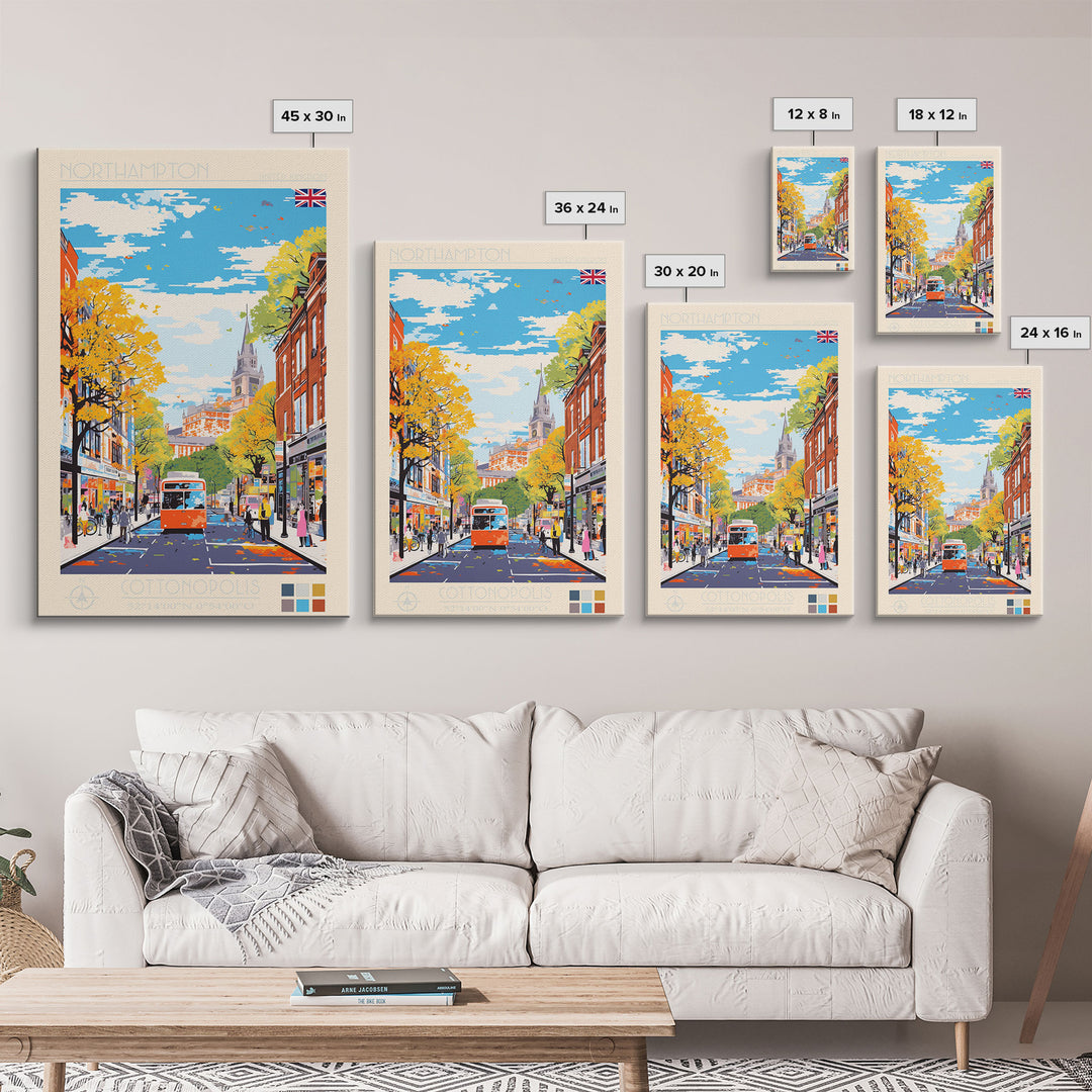 Northampton United Kingdom Travel Poster Framed Canvas Print, Midcentury Modern Art, Pop Art Wall Decor, Scenic Living Room Art, Bedroom Gift
