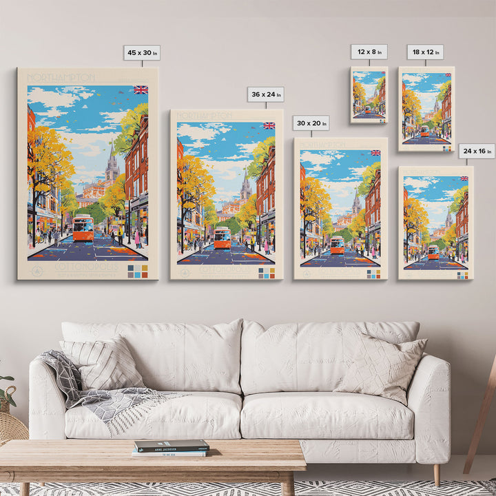 Northampton United Kingdom Travel Poster Framed Canvas Print, Midcentury Modern Art, Pop Art Wall Decor, Scenic Living Room Art, Bedroom Gift