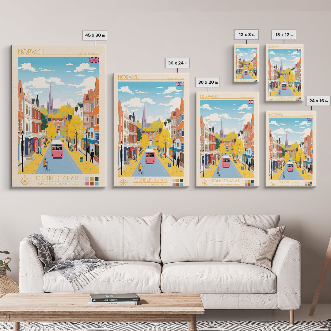 Norwich United Kingdom Travel Poster Framed Canvas Print, Midcentury Modern Art, Pop Art Wall Decor, Scenic Wall Art, Living Room Decoration, Office Art