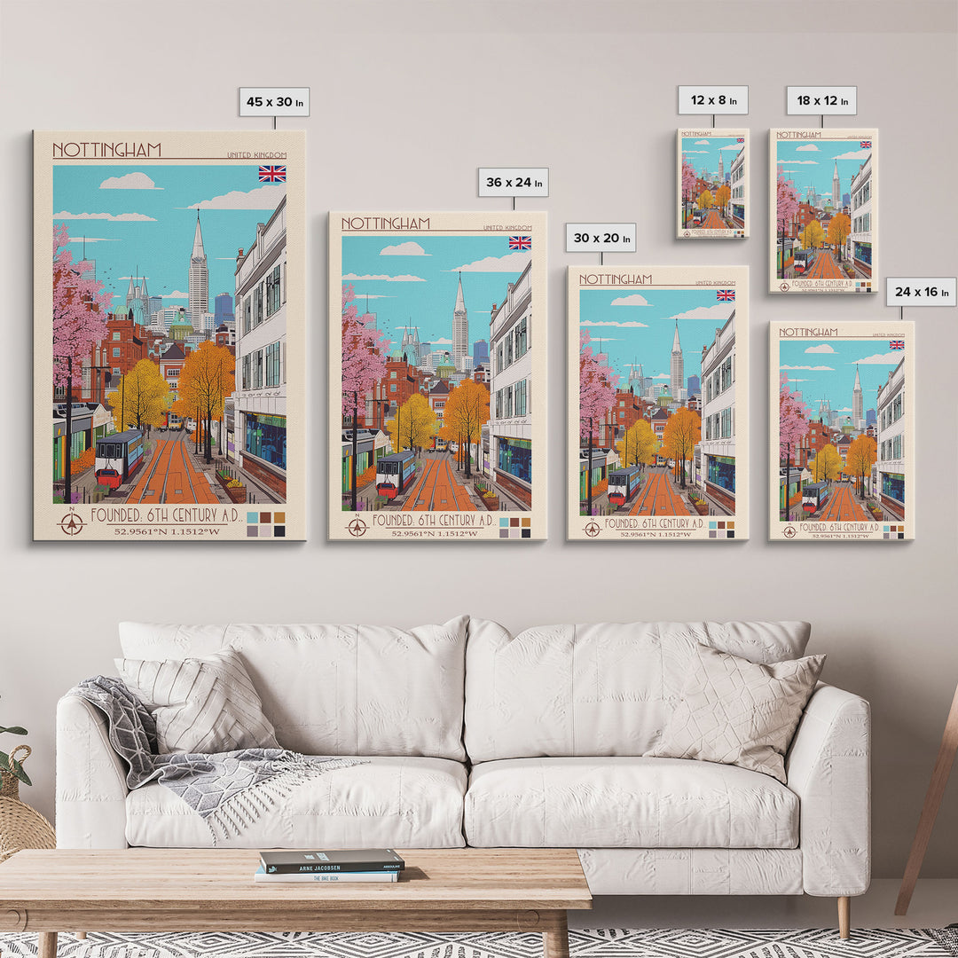 Nottingham United Kingdom Travel Poster Framed Canvas Print, Midcentury Modern Art, Pop Art Wall Decor, Home Decor, Vacation Gift, Bedroom Art