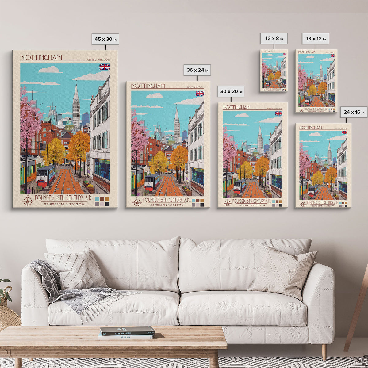 Nottingham United Kingdom Travel Poster Framed Canvas Print, Midcentury Modern Art, Pop Art Wall Decor, Home Decor, Vacation Gift, Bedroom Art