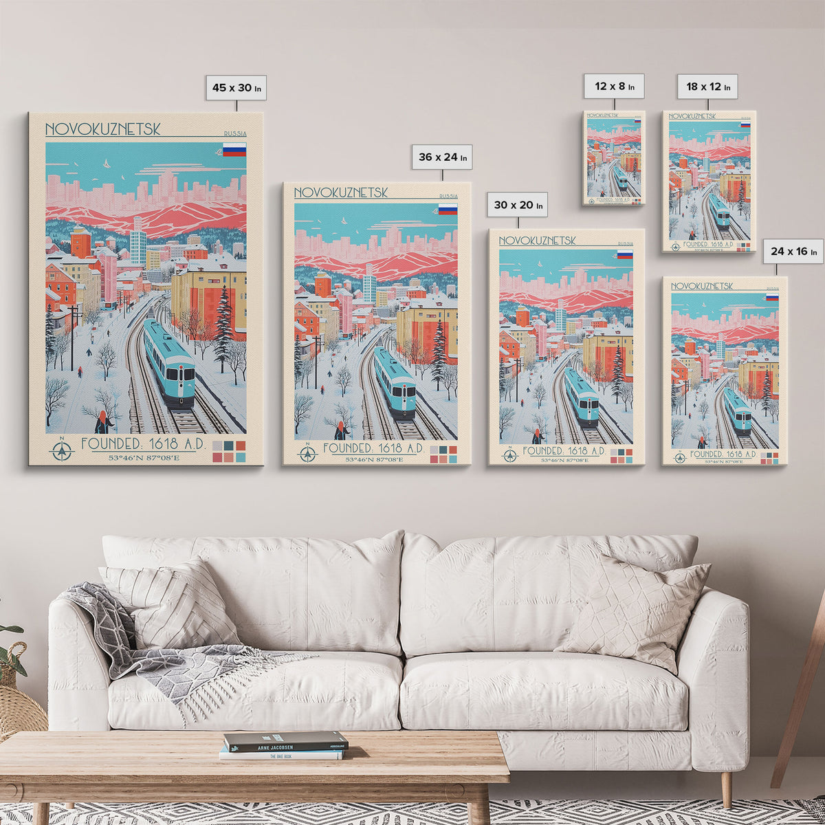 Novokuznetsk Russia Travel Poster Framed Canvas Print, Midcentury Modern Art, Pop Art Wall Decor, Scenic Wall Art, Living Room Decoration, Office Art