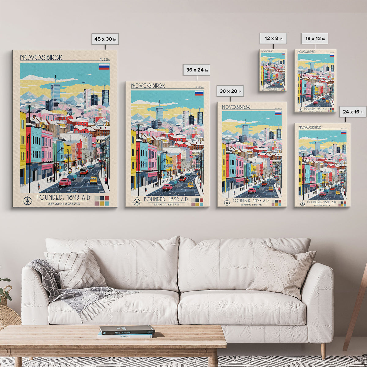 Novosibirsk Russia Travel Poster Framed Canvas Print, Midcentury Modern Art, Pop Art Wall Decor, Scenic Living Room Art, Bedroom Decor