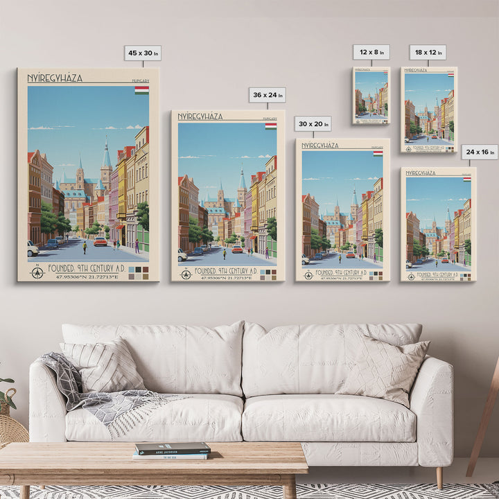Nyíregyháza Hungary Travel Poster Framed Canvas Print, Midcentury Modern Art, Pop Art Wall Decor, Home Decor, Vacation Gift, Office Art