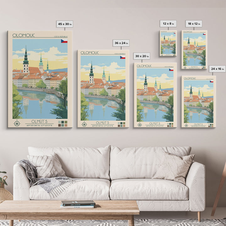 Olomouc Czech Republic Travel Poster Framed Canvas Print, Midcentury Modern Art, Pop Art Wall Decor, Scenic Wall Art, Living Room Decoration, Office Gift