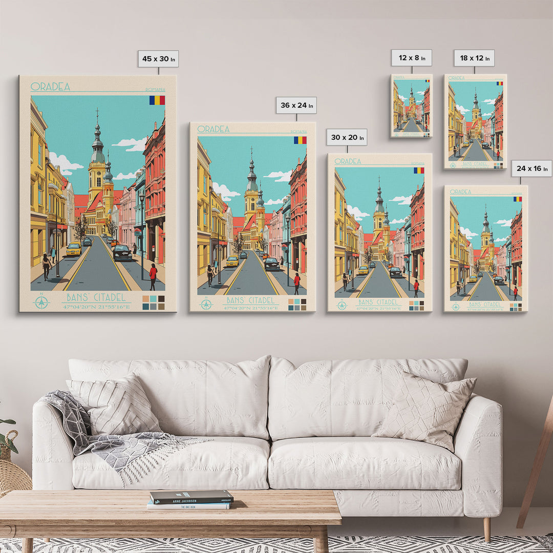 Oradea Romania Travel Poster Framed Canvas Print, Midcentury Modern Art, Pop Art Wall Decor, Scenic Bedroom Art, Office Decoration