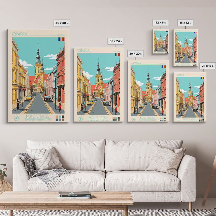 Oradea Romania Travel Poster Framed Canvas Print, Midcentury Modern Art, Pop Art Wall Decor, Scenic Bedroom Art, Office Decoration