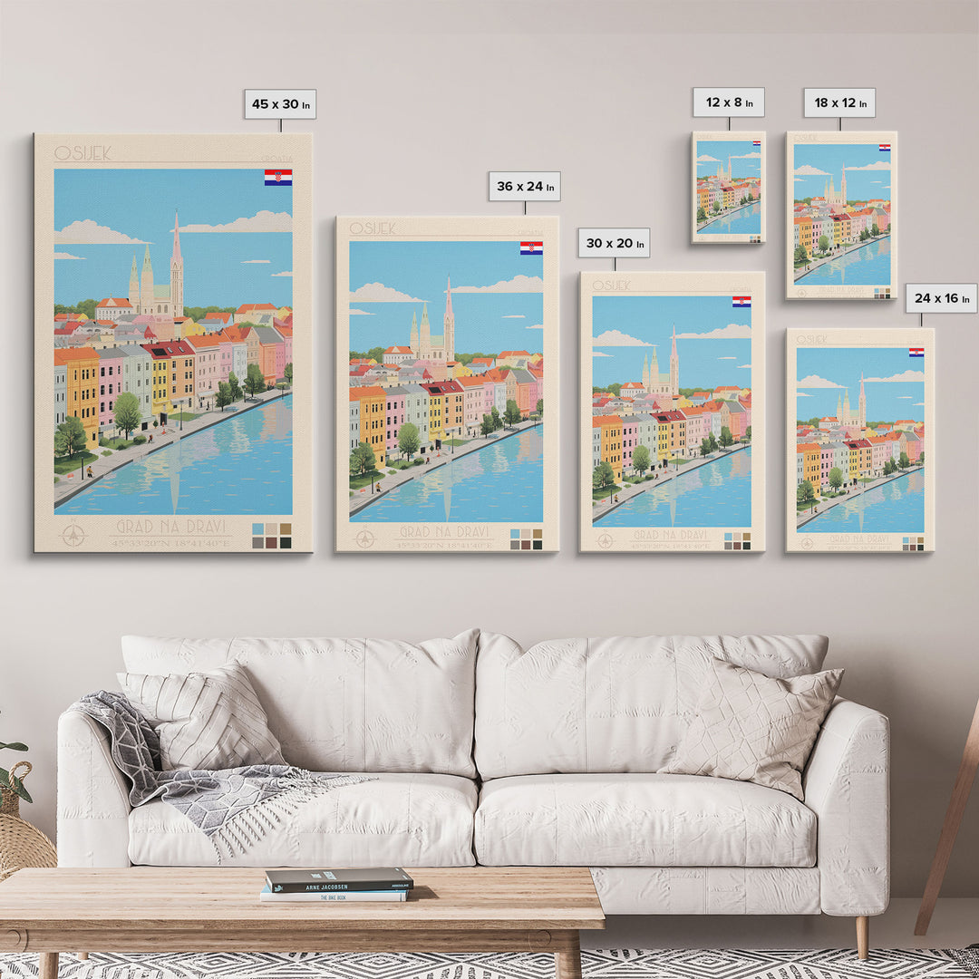 Osijek Croatia Travel Poster Framed Canvas Print, Midcentury Modern Art, Pop Art Wall Decor, Home Decor, Vacation Gift, Office Art