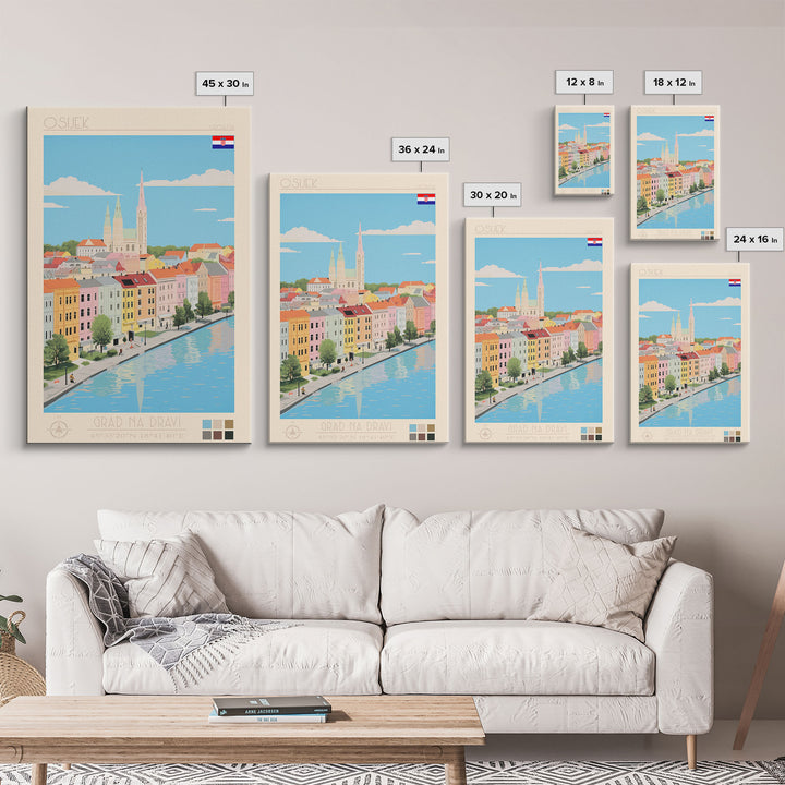 Osijek Croatia Travel Poster Framed Canvas Print, Midcentury Modern Art, Pop Art Wall Decor, Home Decor, Vacation Gift, Office Art
