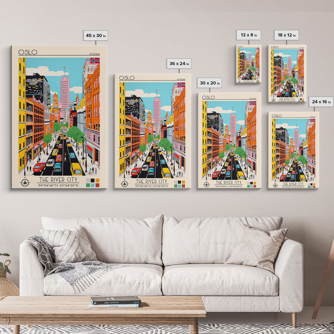 Oslo Norway Travel Poster Framed Canvas Print, Midcentury Modern Art, Pop Art Wall Decor, Scenic Living Room Art, Bedroom Gift
