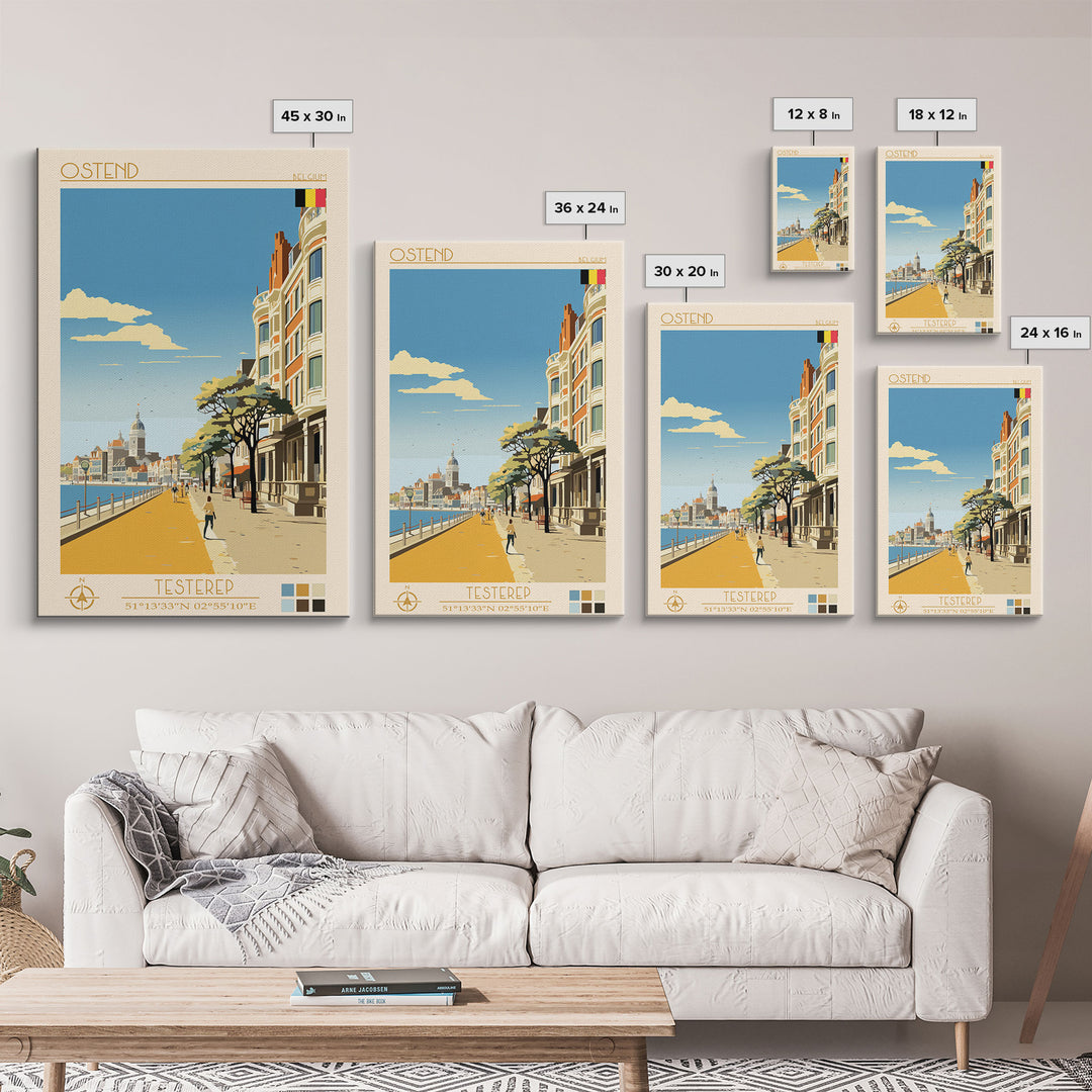 Ostend Belgium Travel Poster Framed Canvas Print, Midcentury Modern Art, Pop Art Wall Decor, Scenic Wall Art, Living Room Decoration, Office Art