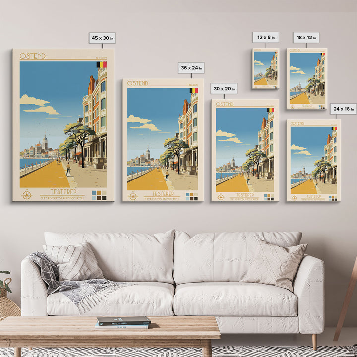 Ostend Belgium Travel Poster Framed Canvas Print, Midcentury Modern Art, Pop Art Wall Decor, Scenic Wall Art, Living Room Decoration, Office Art