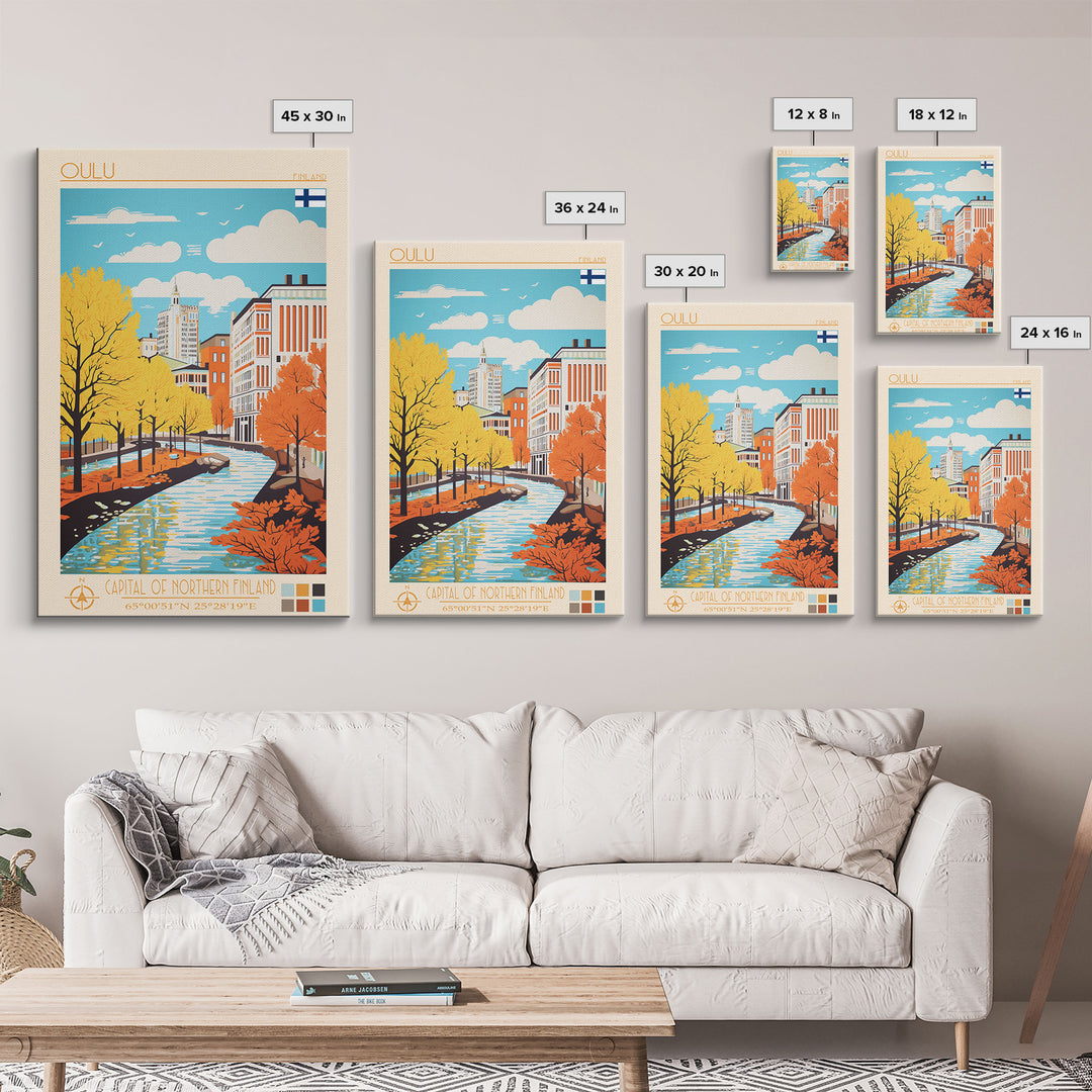 Oulu Finland Travel Poster Framed Canvas Print, Midcentury Modern Art, Pop Art Wall Decor, Scenic Wall Art, Living Room Decoration, Office Gift