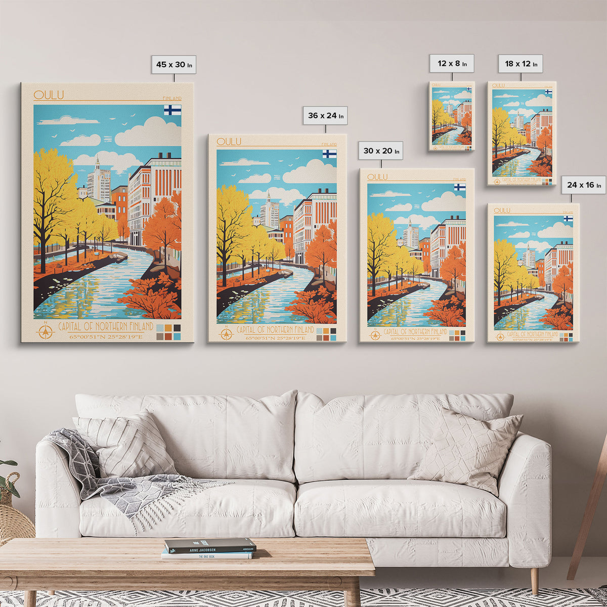 Oulu Finland Travel Poster Framed Canvas Print, Midcentury Modern Art, Pop Art Wall Decor, Scenic Wall Art, Living Room Decoration, Office Gift