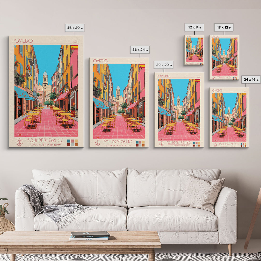Oviedo Spain Travel Poster Framed Canvas Print, Midcentury Modern Art, Pop Art Wall Decor, Scenic Wall Art, Bedroom Decoration