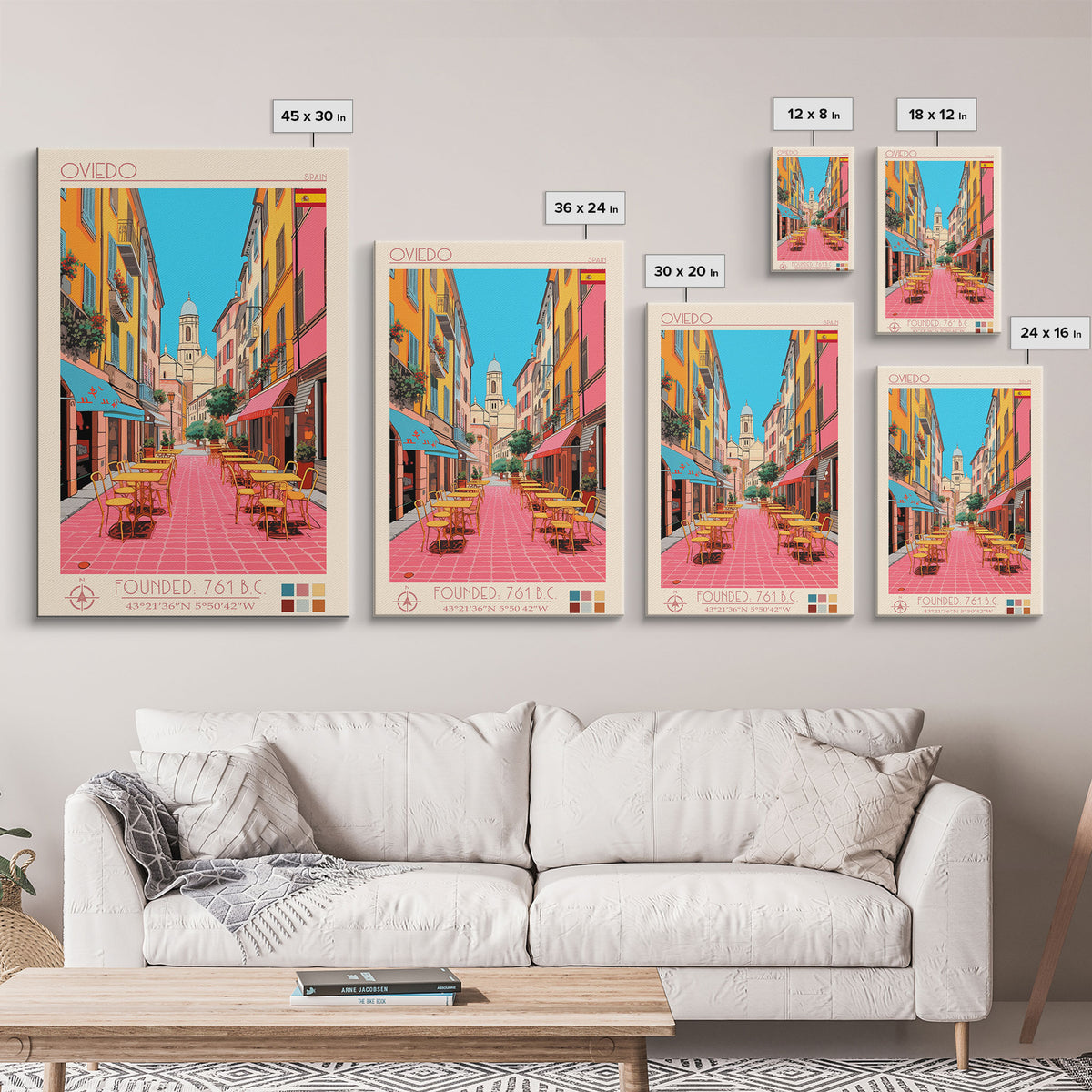 Oviedo Spain Travel Poster Framed Canvas Print, Midcentury Modern Art, Pop Art Wall Decor, Scenic Wall Art, Bedroom Decoration