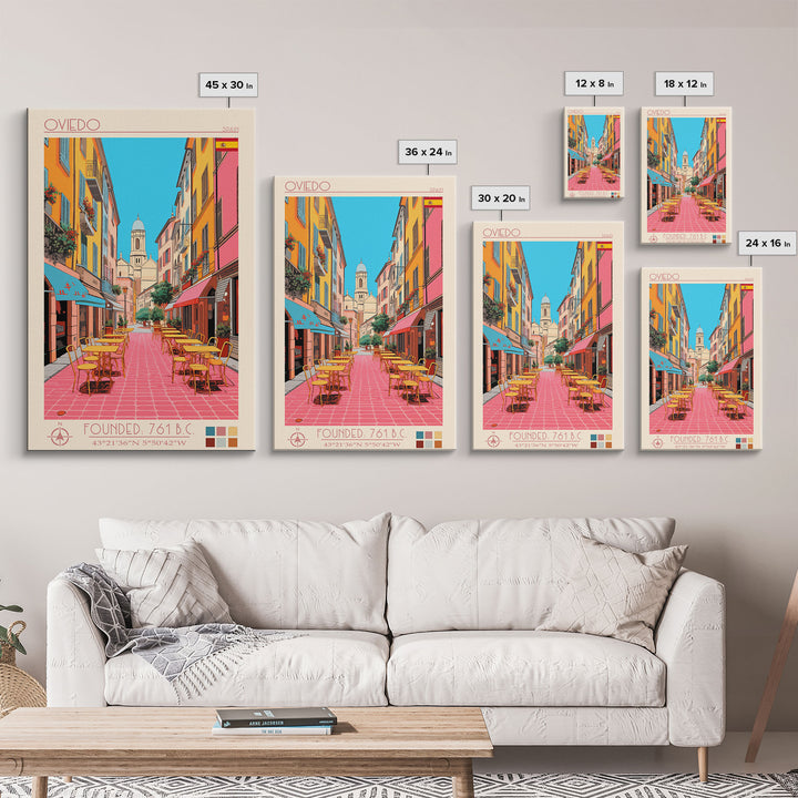 Oviedo Spain Travel Poster Framed Canvas Print, Midcentury Modern Art, Pop Art Wall Decor, Scenic Wall Art, Bedroom Decoration
