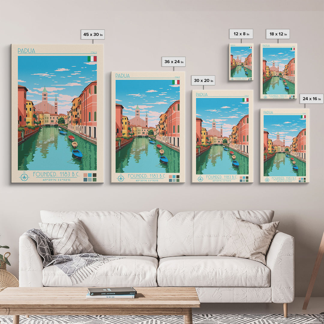 Padua Italy Travel Poster Framed Canvas Print, Midcentury Modern Art, Pop Art Wall Decor, Scenic Bedroom Art, Office Decoration