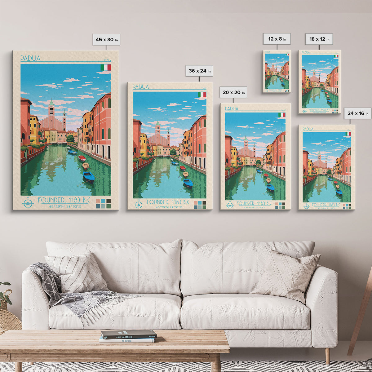 Padua Italy Travel Poster Framed Canvas Print, Midcentury Modern Art, Pop Art Wall Decor, Scenic Bedroom Art, Office Decoration