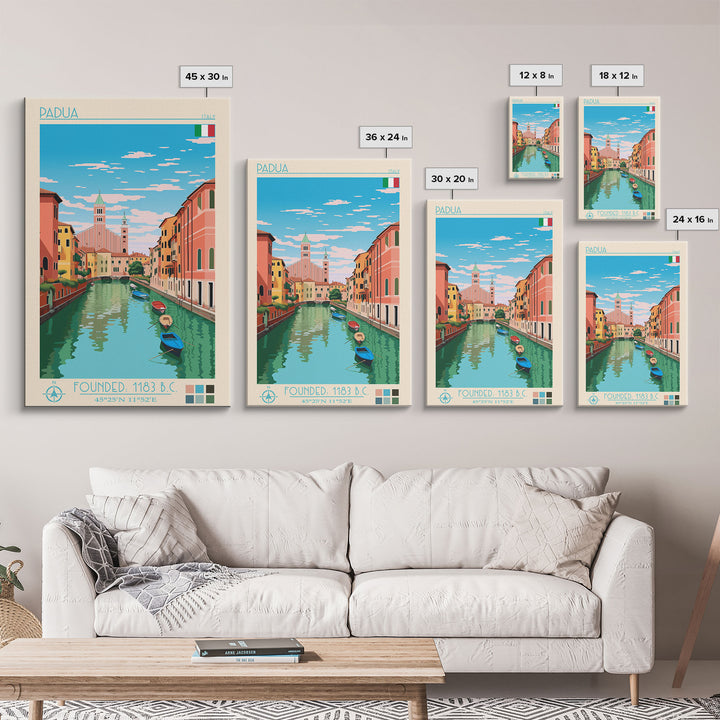 Padua Italy Travel Poster Framed Canvas Print, Midcentury Modern Art, Pop Art Wall Decor, Scenic Bedroom Art, Office Decoration