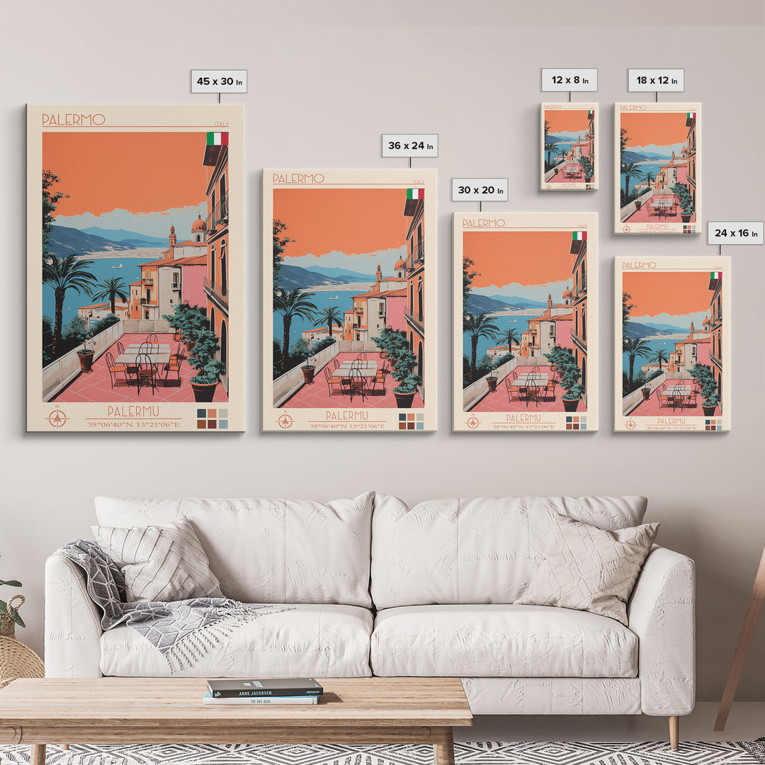 Palermo Italy Travel Poster Framed Canvas Print, Midcentury Modern Art, Pop Art Wall Decor, Scenic Living Room Art, Bedroom Decor