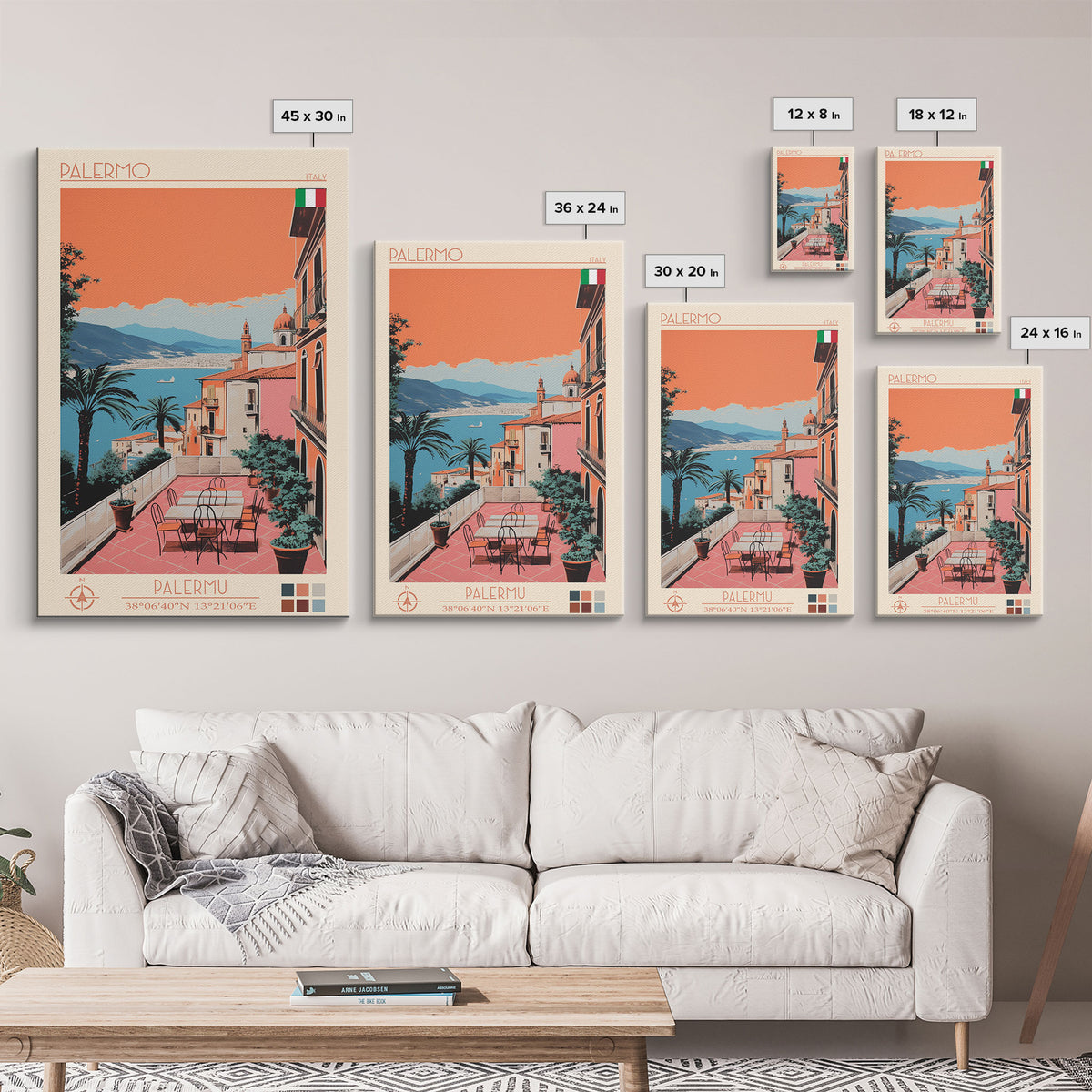 Palermo Italy Travel Poster Framed Canvas Print, Midcentury Modern Art, Pop Art Wall Decor, Scenic Living Room Art, Bedroom Decor