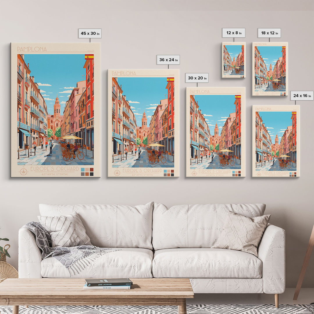 Pamplona Spain Travel Poster Framed Canvas Print, Midcentury Modern Art, Pop Art Wall Decor, Home Decor, Vacation Gift, Office Art