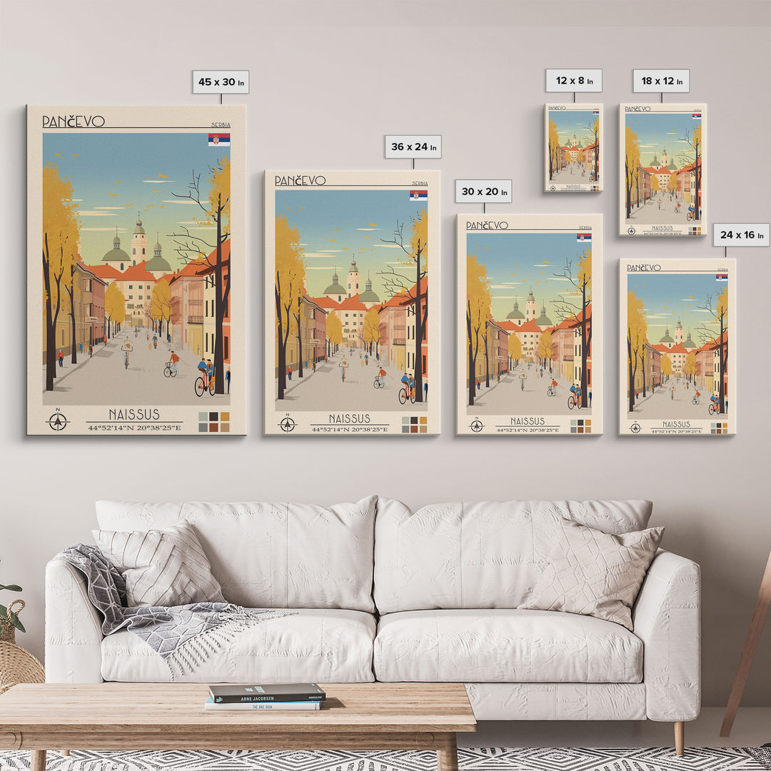 Pančevo Serbia Travel Poster Framed Canvas Print, Midcentury Modern Art, Pop Art Wall Decor, Scenic Wall Art, Living Room Decoration, Office Art