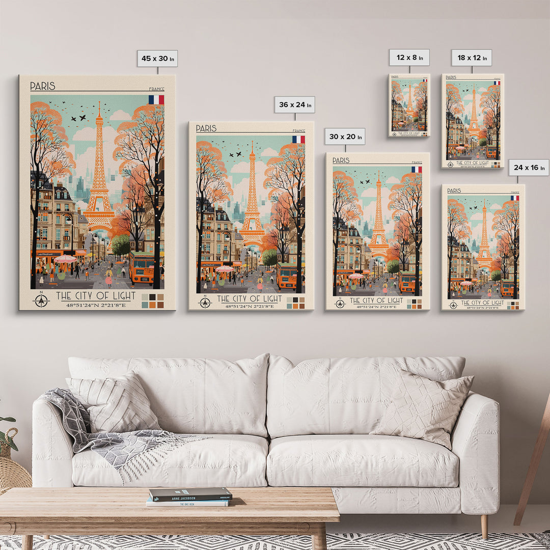 Paris France Travel Poster Framed Canvas Print, Midcentury Modern Art, Pop Art Wall Decor, Scenic Wall Art, Living Room Decoration, Office Gift