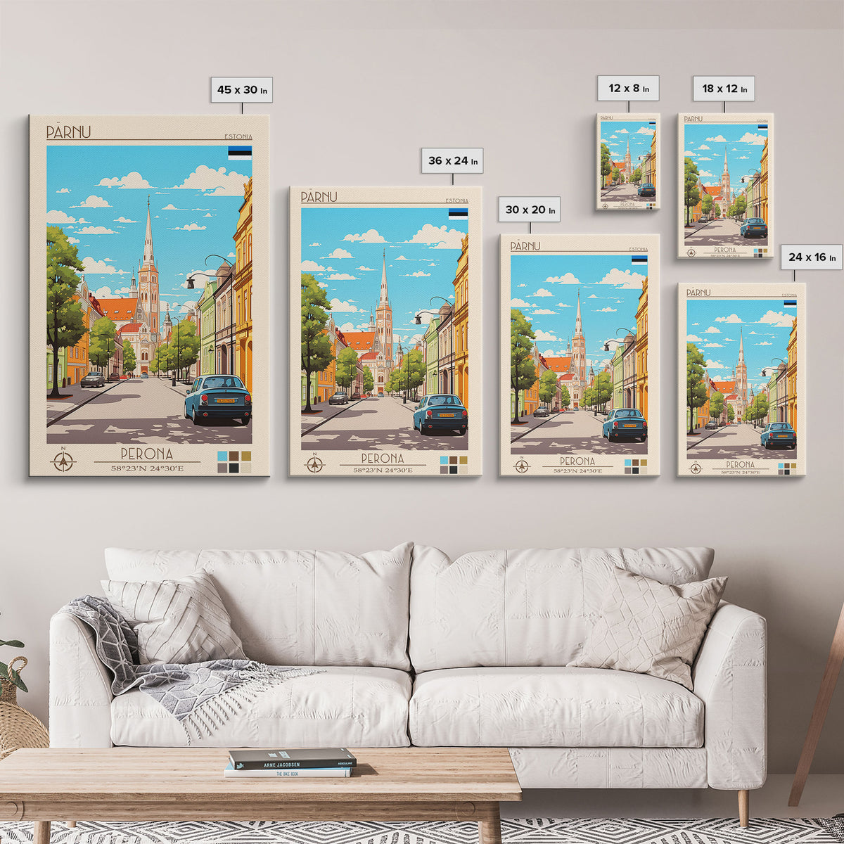 Pärnu Estonia Travel Poster Framed Canvas Print, Midcentury Modern Art, Pop Art Wall Decor, Scenic Wall Art, Bedroom Decoration
