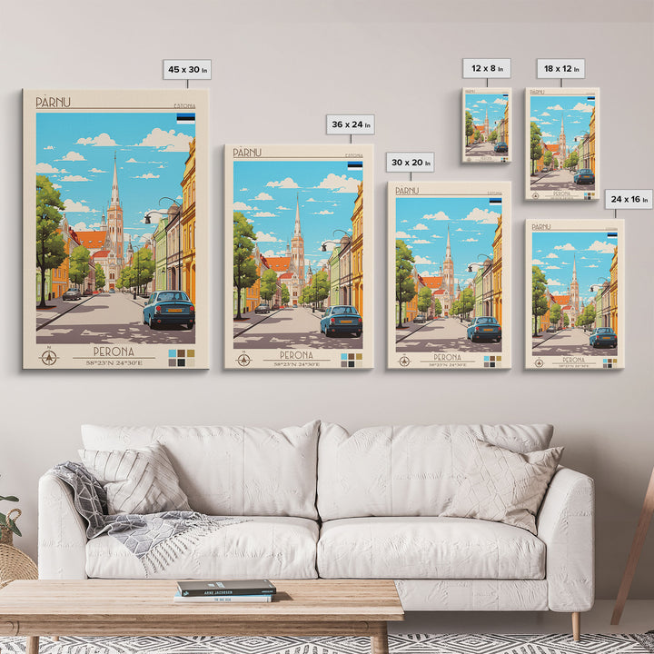 Pärnu Estonia Travel Poster Framed Canvas Print, Midcentury Modern Art, Pop Art Wall Decor, Scenic Wall Art, Bedroom Decoration