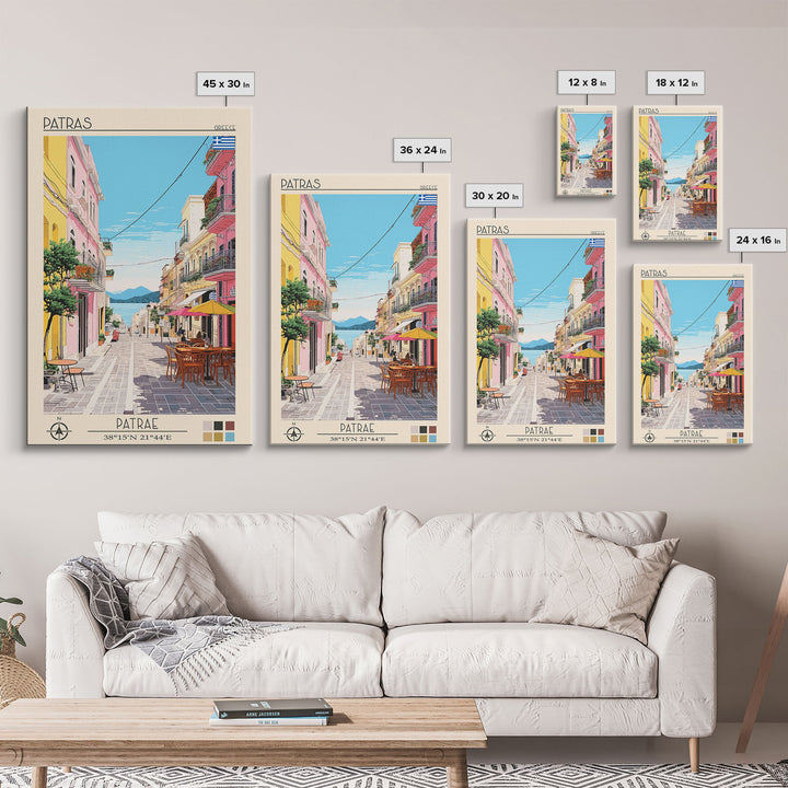 Patras Greece Travel Poster Framed Canvas Print, Midcentury Modern Art, Pop Art Wall Decor, Scenic Wall Art, Living Room Decoration, Office Art