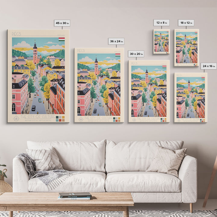 Pécs Hungary Travel Poster Framed Canvas Print, Midcentury Modern Art, Pop Art Wall Decor, Living Room Art, Home Decoration