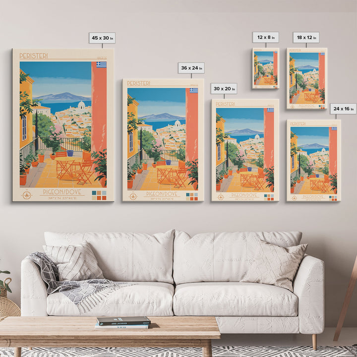 Peristeri Greece Travel Poster Framed Canvas Print, Midcentury Modern Art, Pop Art Wall Decor, Scenic Bedroom Art, Office Decoration