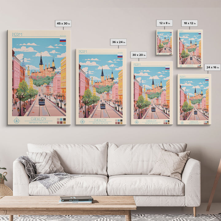 Perm Russia Travel Poster Framed Canvas Print, Midcentury Modern Art, Pop Art Wall Decor, Scenic Living Room Art, Bedroom Decor