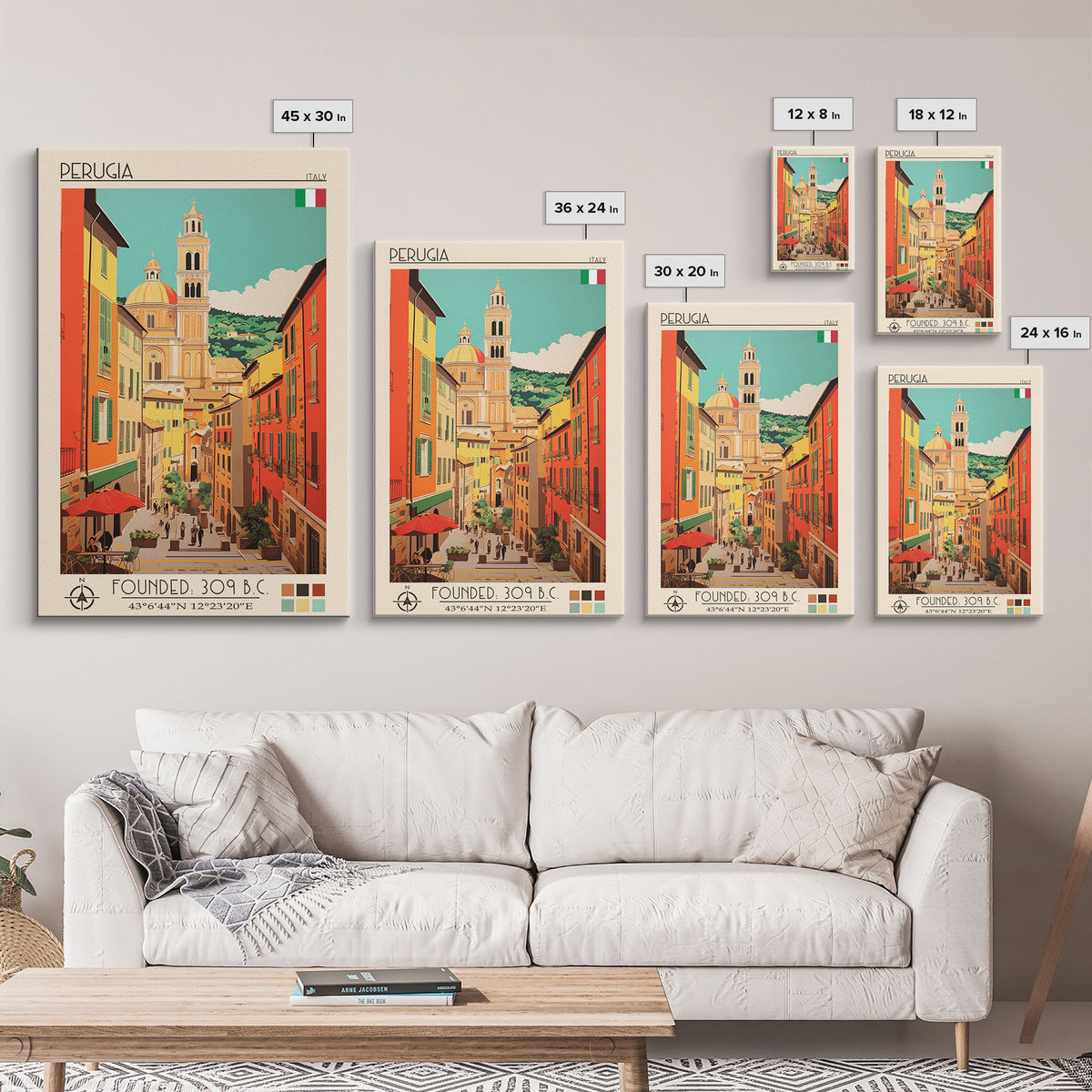 Perugia Italy Travel Poster Framed Canvas Print, Vintage Style, Pop Art Home Decor, Scenic Wall Art, Bedroom Decoration, Office Gift