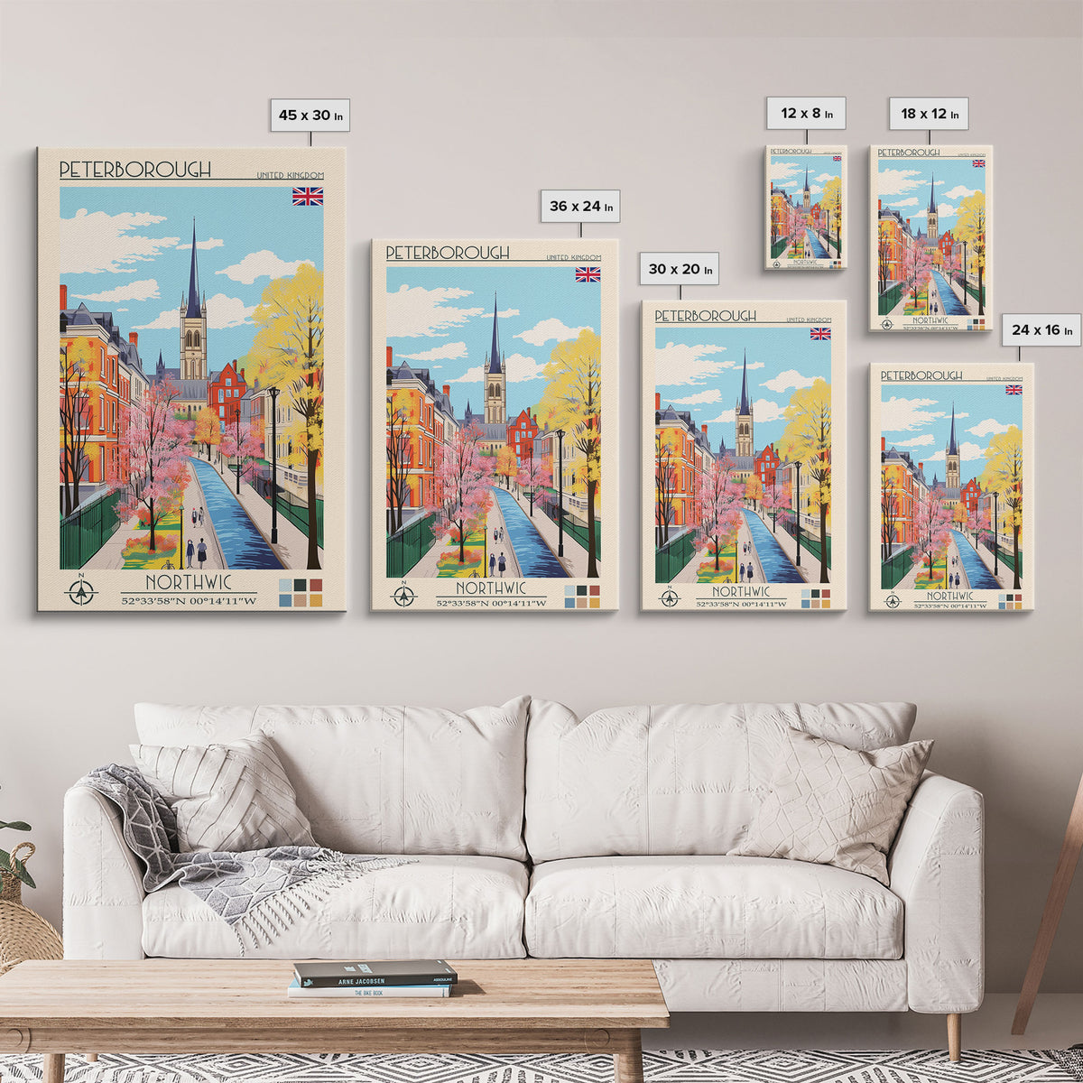 Peterborough United Kingdom Travel Poster Framed Canvas Print, Midcentury Modern Art, Pop Art Wall Decor, Home Decor, Vacation Gift, Office Art