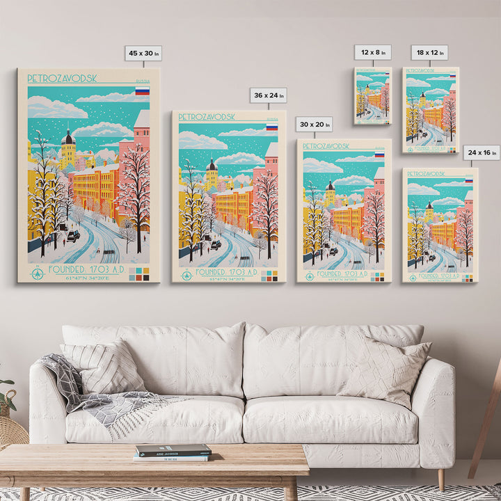Petrozavodsk Russia Travel Poster Framed Canvas Print, Midcentury Modern Art, Pop Art Wall Decor, Scenic Living Room Art, Bedroom Gift