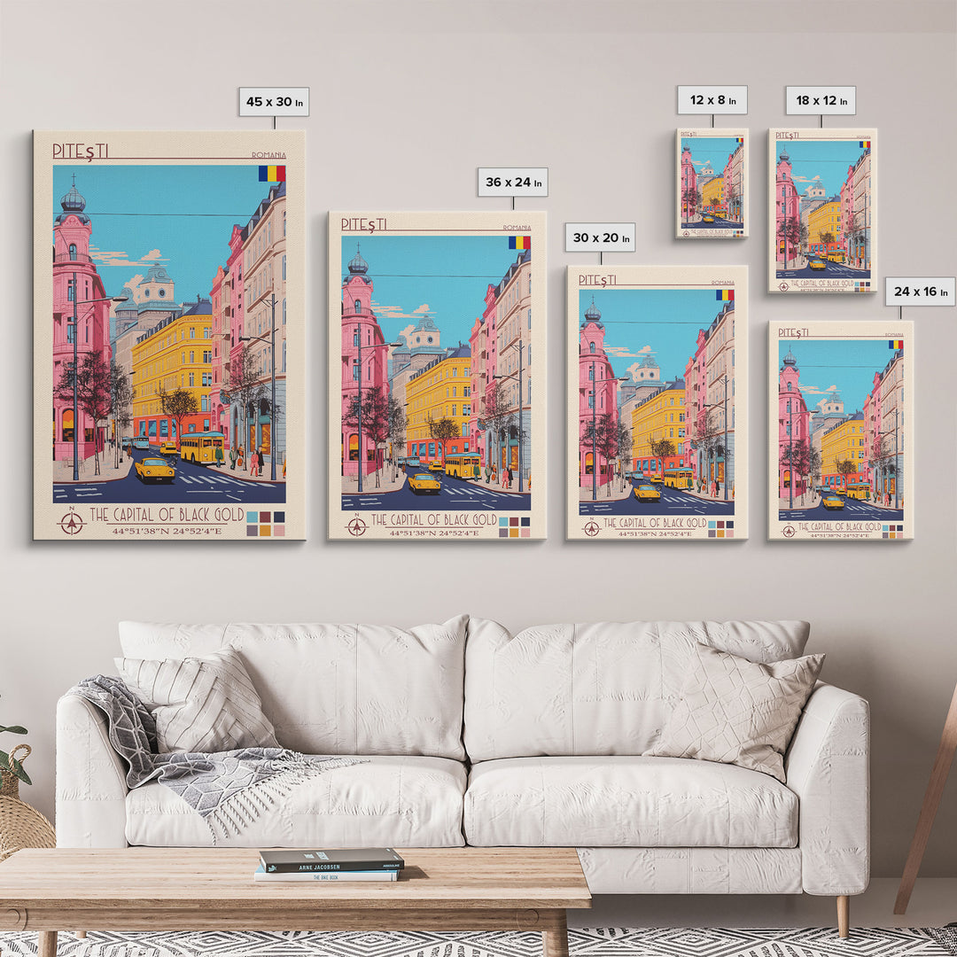 Pitești Romania Travel Poster Framed Canvas Print, Midcentury Modern Art, Pop Art Wall Decor, Home Decor, Vacation Gift, Bedroom Art