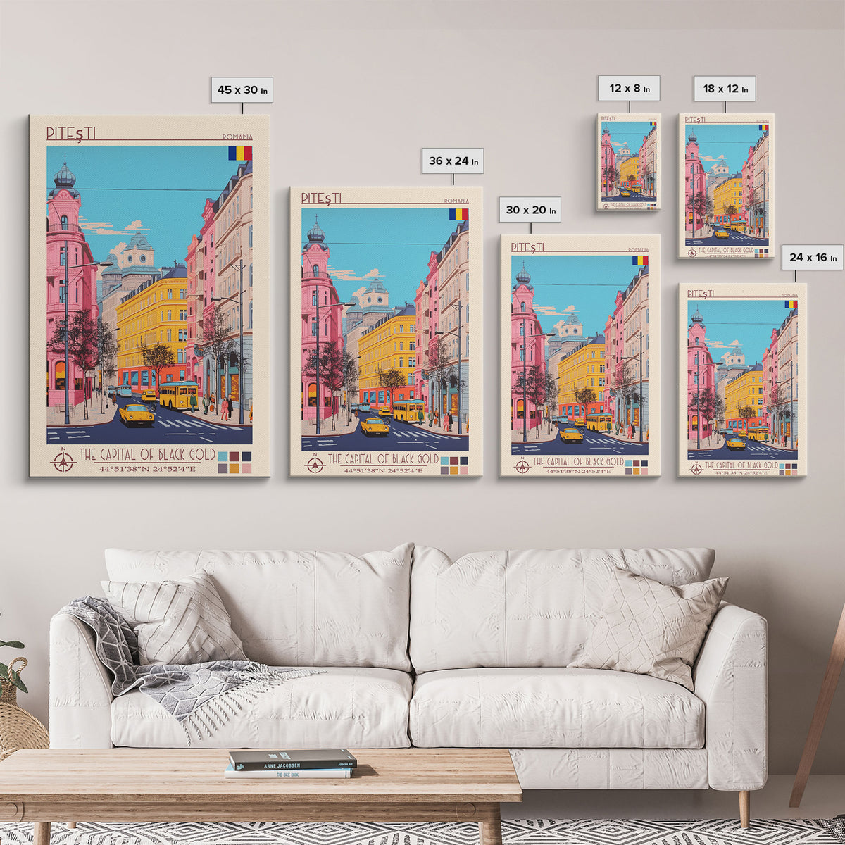 Pitești Romania Travel Poster Framed Canvas Print, Midcentury Modern Art, Pop Art Wall Decor, Home Decor, Vacation Gift, Bedroom Art