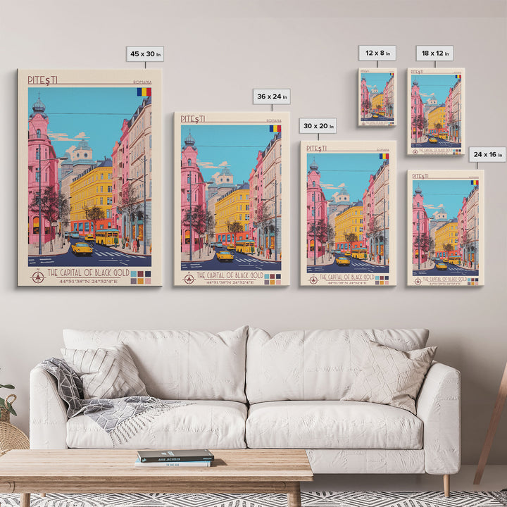 Pitești Romania Travel Poster Framed Canvas Print, Midcentury Modern Art, Pop Art Wall Decor, Home Decor, Vacation Gift, Bedroom Art