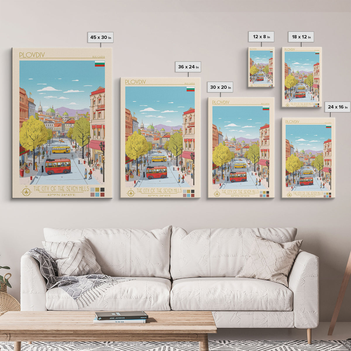 Plovdiv Bulgaria Travel Poster Framed Canvas Print, Midcentury Modern Art, Pop Art Wall Decor, Living Room Art, Home Decoration