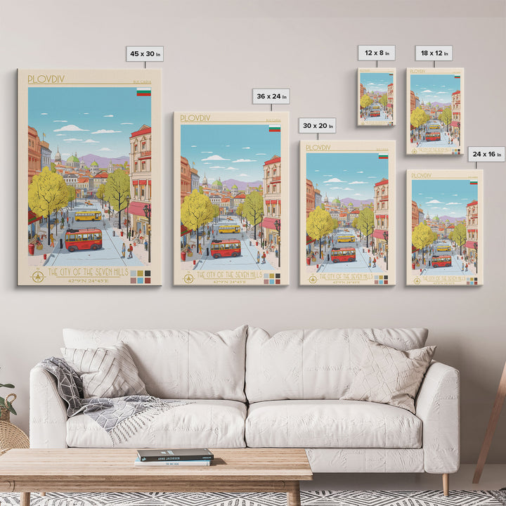 Plovdiv Bulgaria Travel Poster Framed Canvas Print, Midcentury Modern Art, Pop Art Wall Decor, Living Room Art, Home Decoration